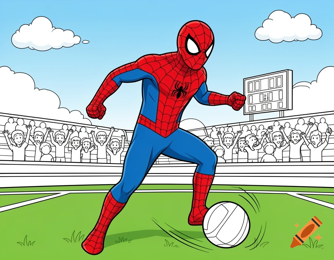 Cartoon illustration of Spider-Man playing soccer in a stadium, rendered in a coloring sheet style.