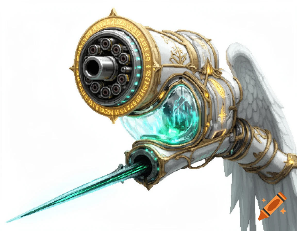 Highly detailed concept art of an angelic arm cannon with gold filigree, glowing green liquid, and a spear-like blade, on a white background.