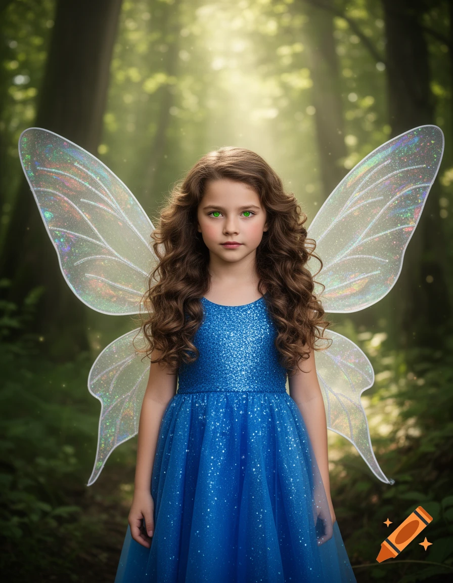 Photorealistic portrait of a girl with long curly brown hair and green eyes, in a sparkly blue fairy dress and iridescent wings in a forest.