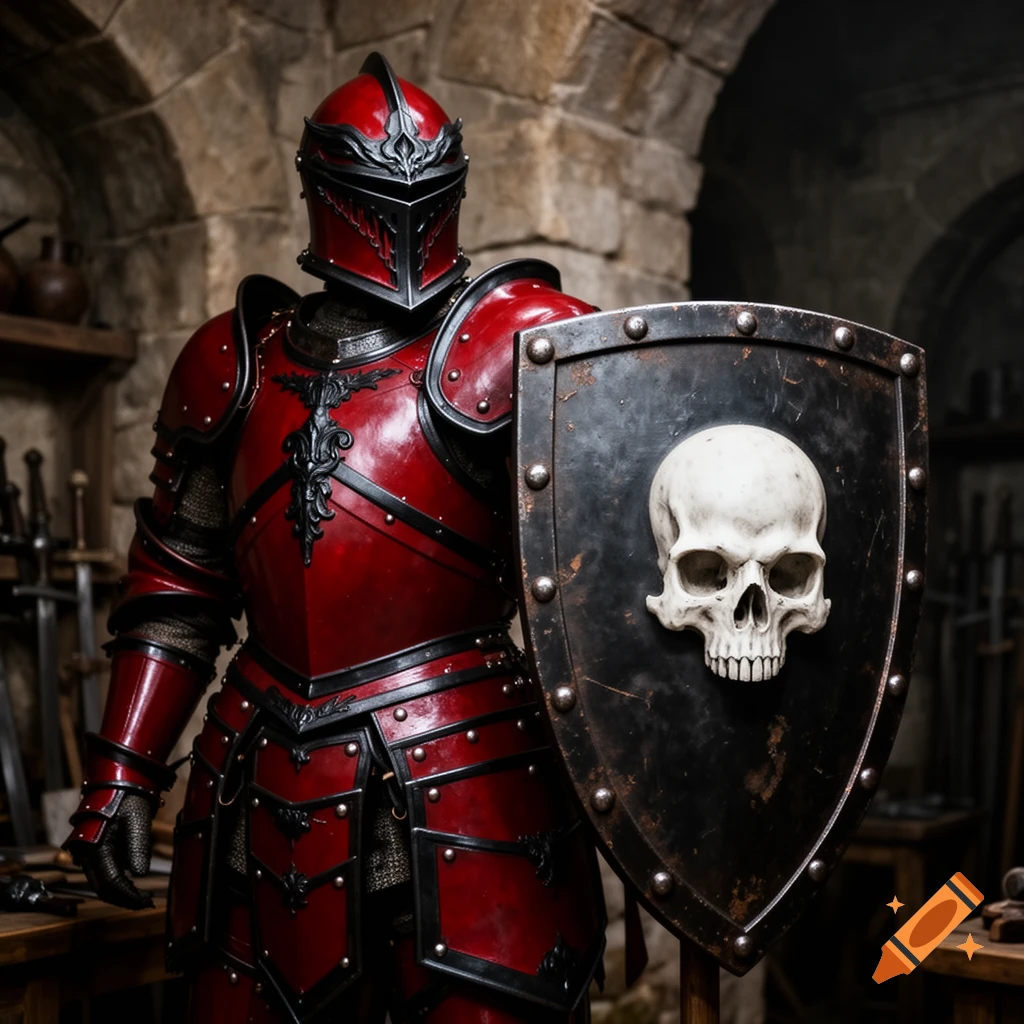 A red and black armored knight stands holding a shield with a white skull emblem in a stone chamber.