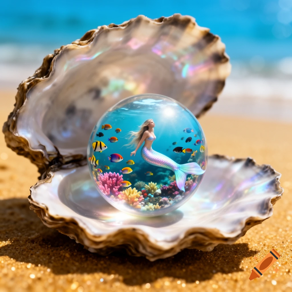 A shimmering open oyster shell on a sandy beach holds a clear glass pearl with a mermaid and tropical fish inside.