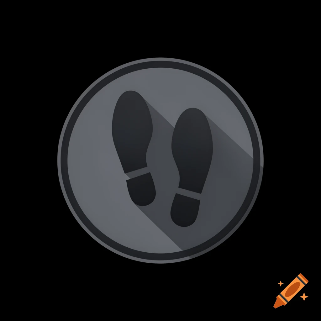 A dark gray circular icon features two darker gray footprint silhouettes with long shadows, set against a black background.