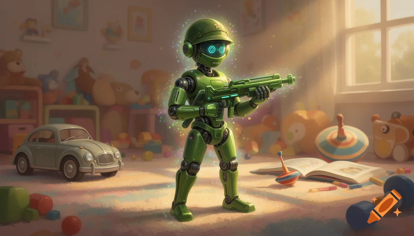 A green toy robot soldier holding a toy gun stands in a sunlit child's room with other toys like a car and spinning tops.