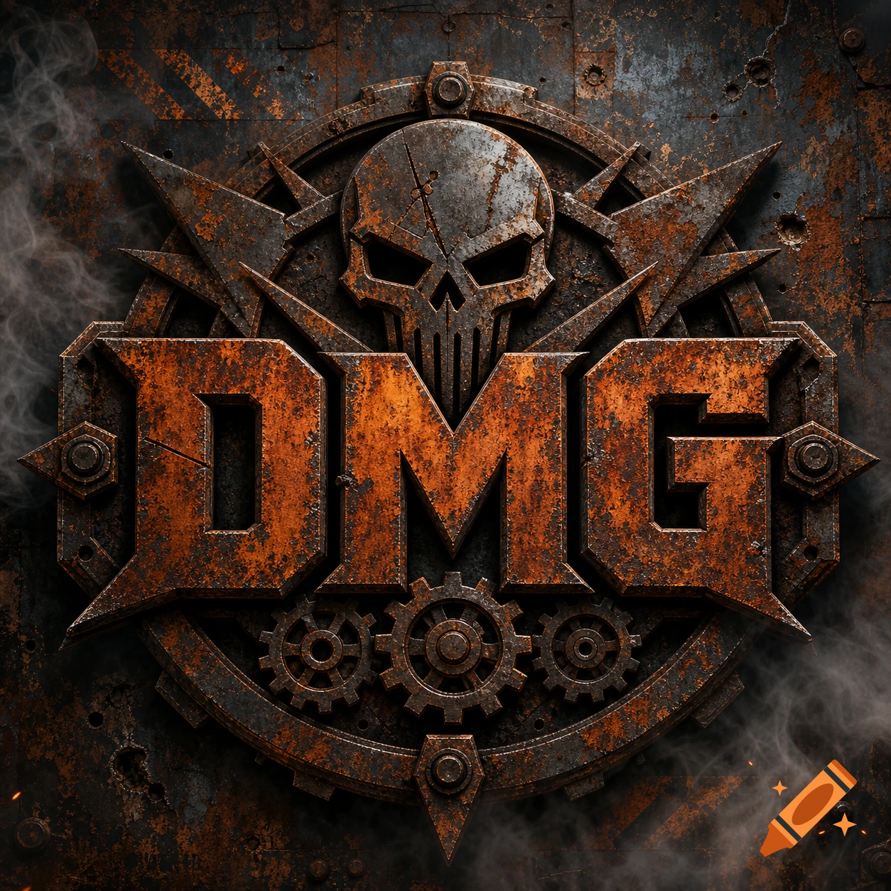 A grungy, rusty metal logo featuring a skull, gears, spikes, and the letters 'DMG' with smoke.