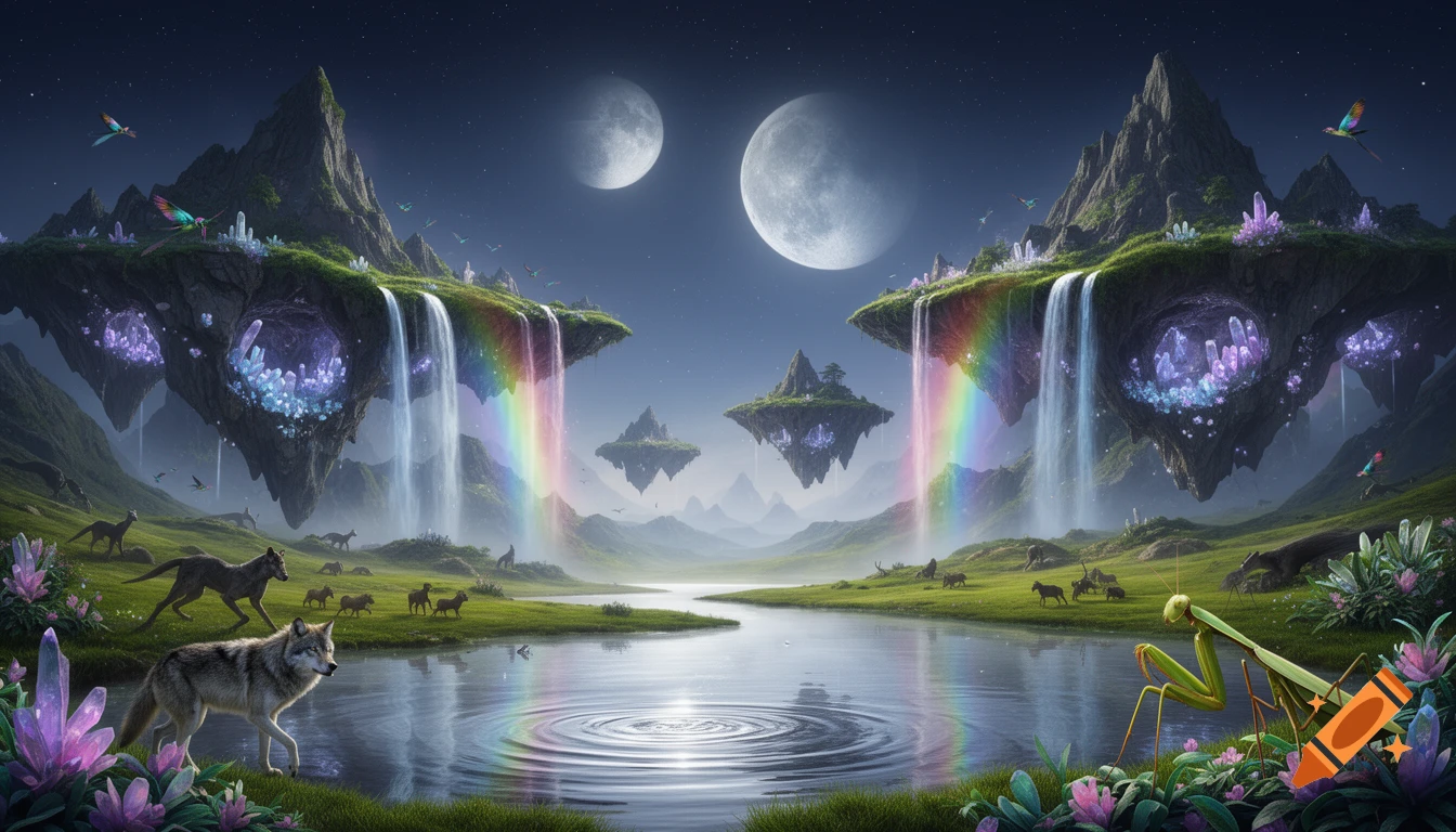 A vibrant fantasy landscape with floating mountains, rainbow waterfalls, a lake, two moons, wolves, birds, and a praying mantis.