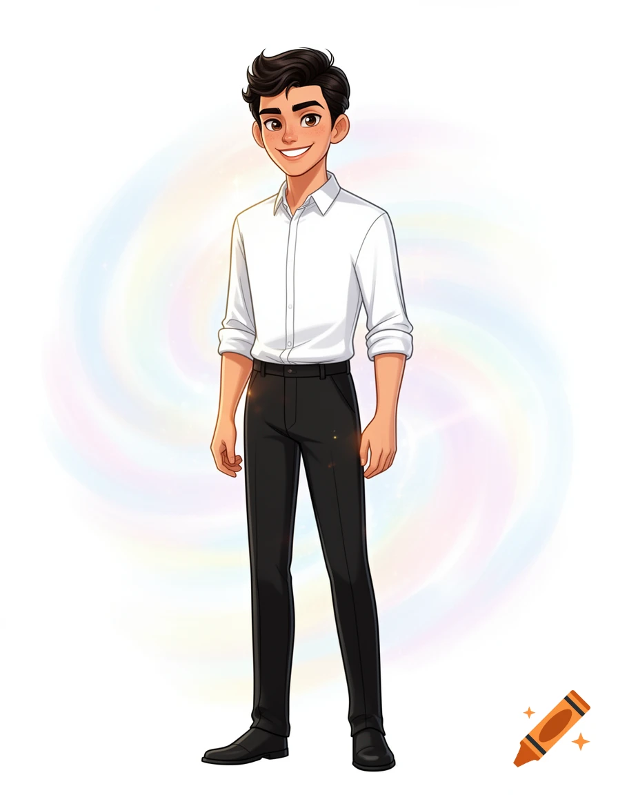 Cartoon illustration of a handsome young man with dark hair, wearing a white button-up shirt and black pants, smiling.