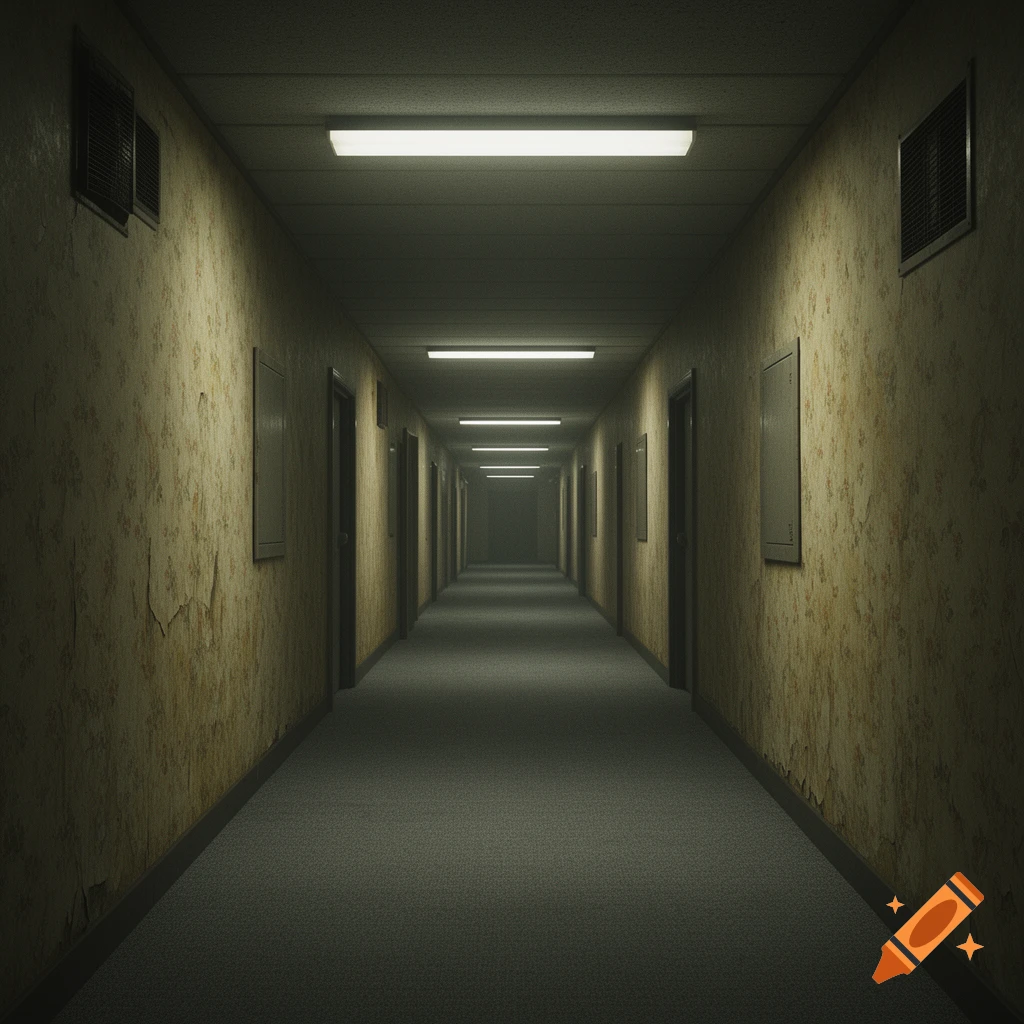 A long, dark, eerie hallway with peeling wallpaper, industrial vents, and fluorescent lights, characteristic of the 'backrooms' aesthetic.