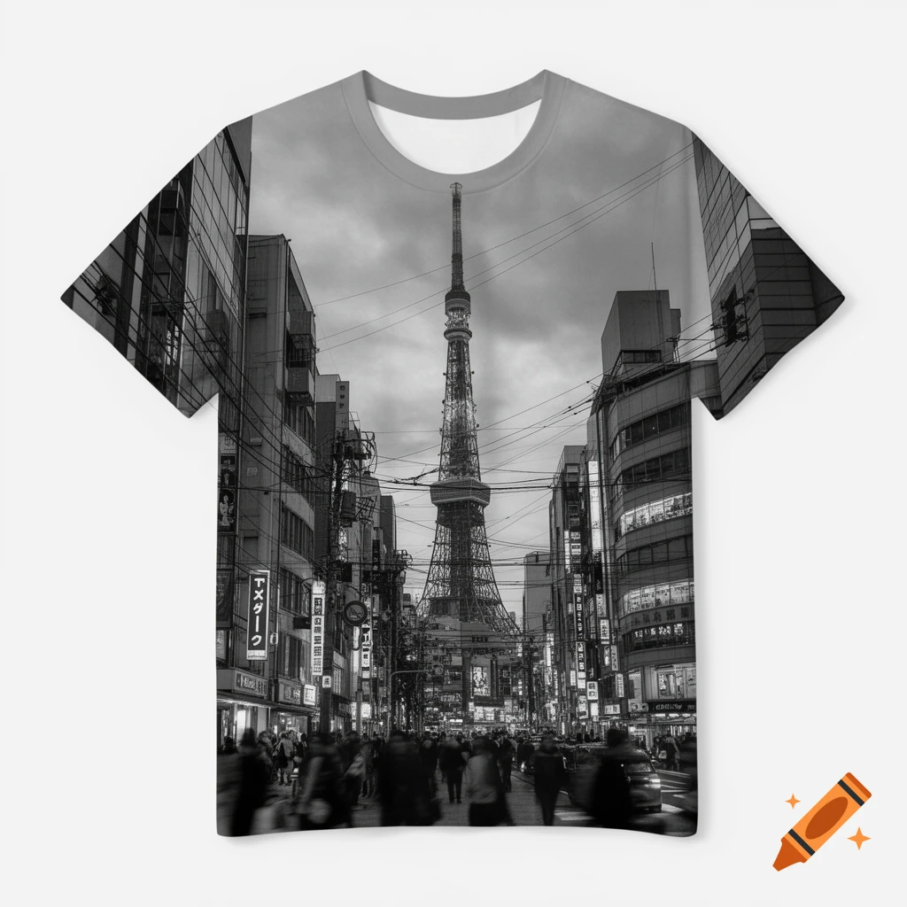 A grayscale image of a busy Tokyo street with buildings, power lines, and the Tokyo Tower, printed on a t-shirt mock-up.