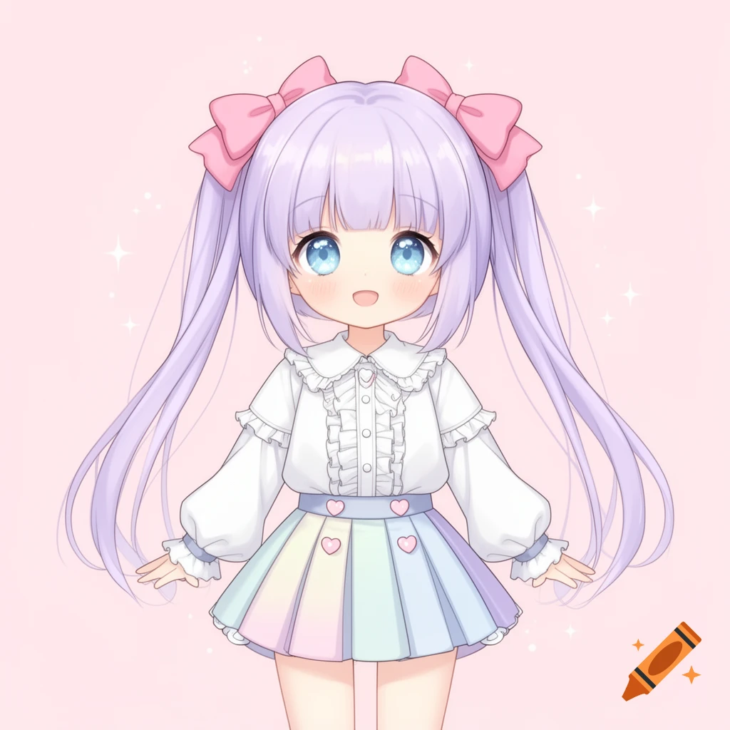 A cute anime girl with lavender pigtails, pink bows, a white ruffled blouse, and a pastel rainbow skirt, on a pink background.