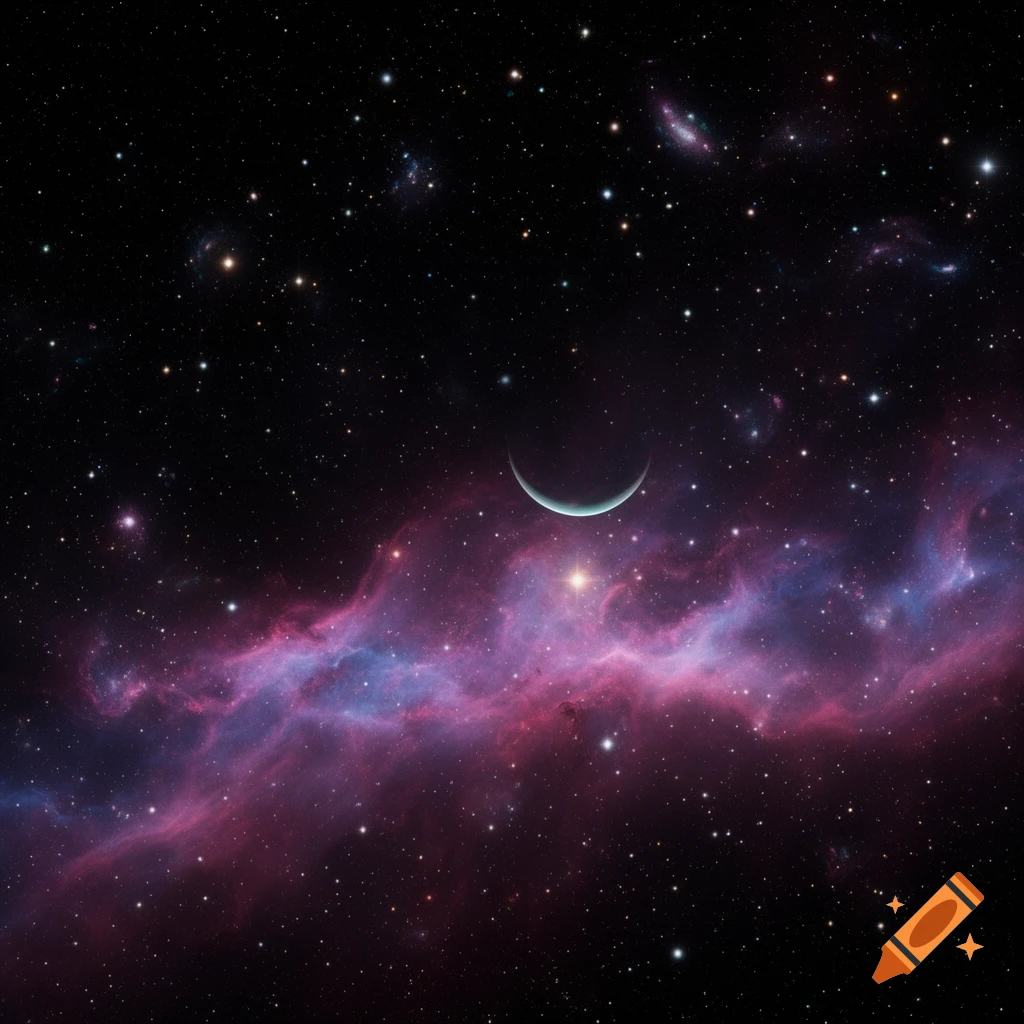 A vibrant purple and blue nebula stretches across a dark, star-filled cosmic background, with a bright crescent moon hovering above.