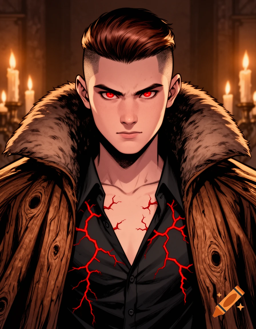 A young vampire with glowing red eyes, red crack-like markings on his chest, and a fur-lined cloak in a western comic artstyle.
