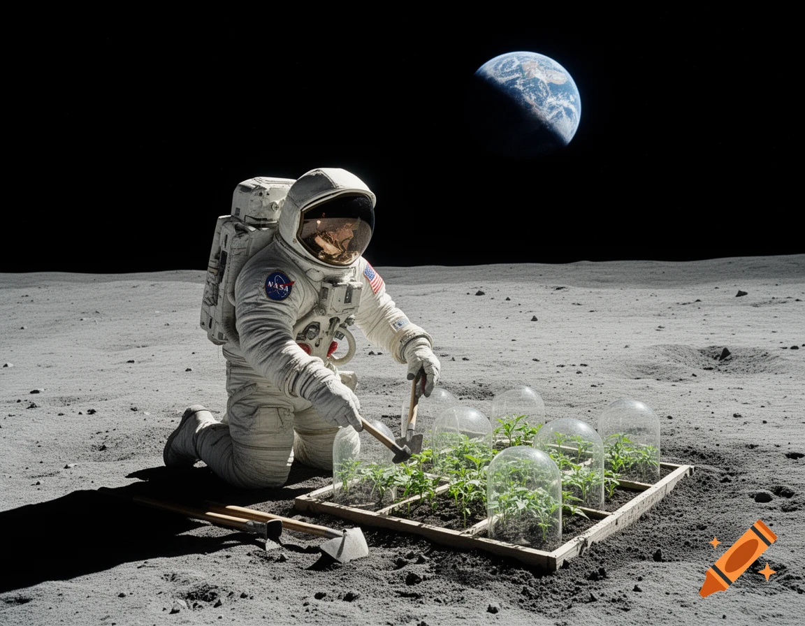 An astronaut in a spacesuit kneels on the moon tending to a small garden under glass domes, with Earth visible in the dark sky.