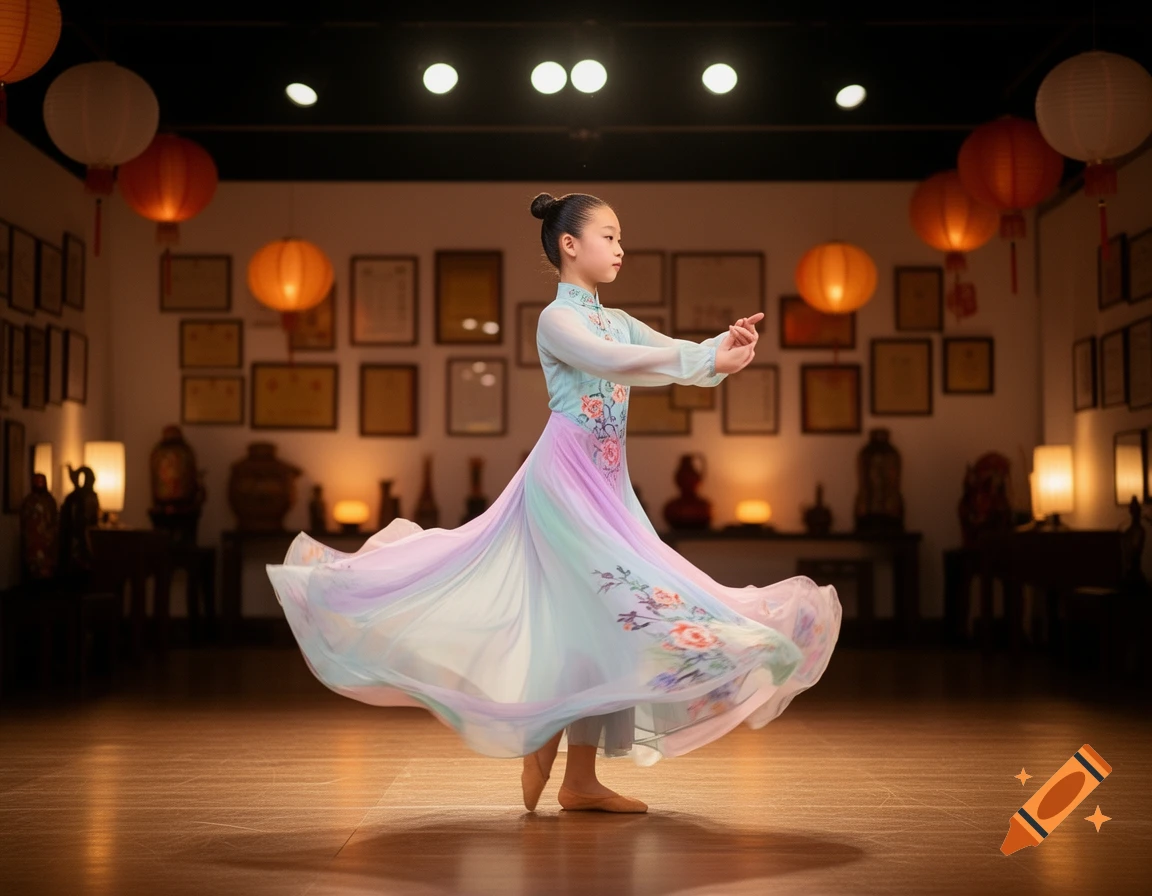 A young Chinese girl in a flowing pastel dress performs a graceful dance in a room adorned with traditional lanterns.