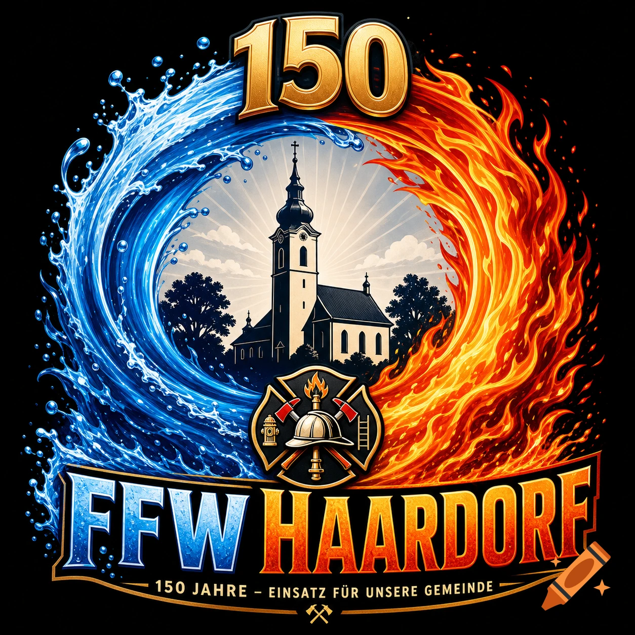 A vibrant logo for "FFW HAARDORF" with the number 150, featuring a church silhouette within a swirling circle of blue water and red flames, and a fire department emblem.