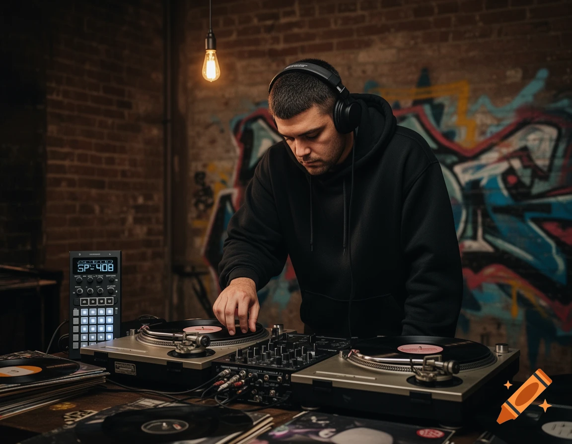 A man wearing headphones operates turntables and a sampler in a dimly lit room with a brick wall and graffiti.