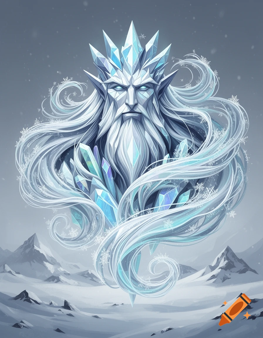 Stylized portrait of an ice-covered frost giant with a crystal crown, long beard, and flowing crystalline hair in a snowy landscape.