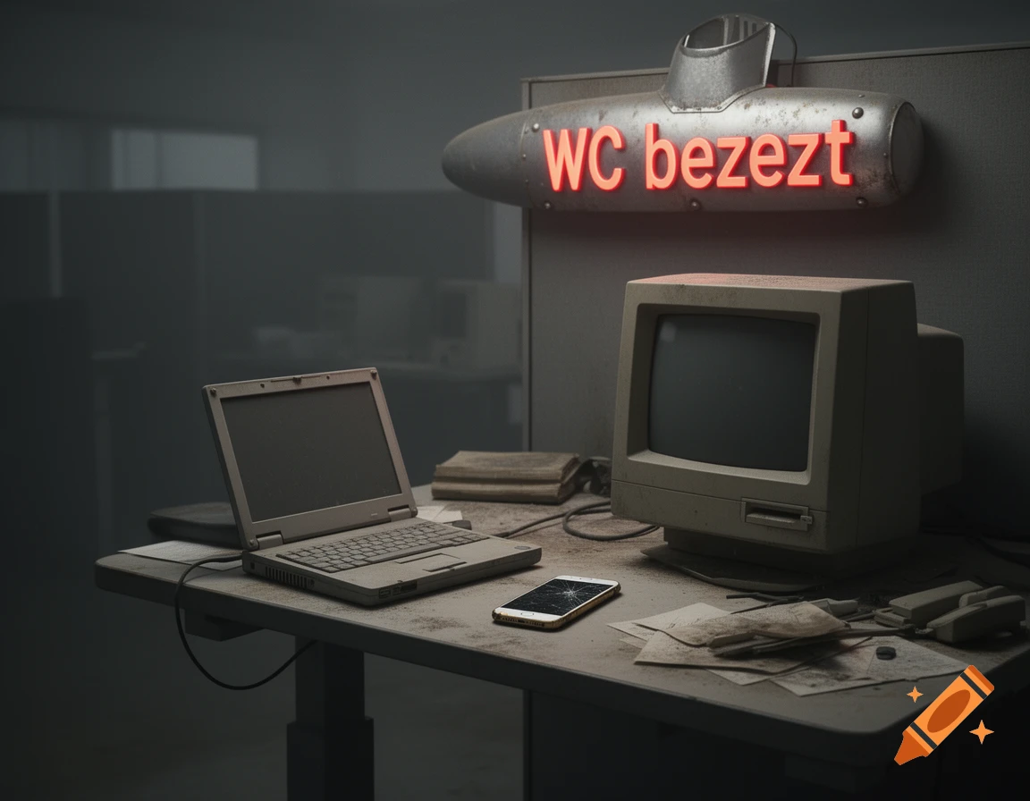 Photorealistic image of a dusty office desk with an old laptop, CRT monitor, cracked iPhone, and a red glowing 'WC bezezt' sign.