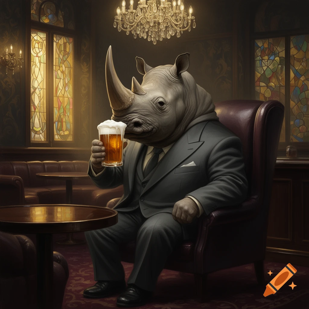 Photorealistic image of a rhinoceros in a grey suit sitting in a plush armchair, drinking a foamy beer in a dimly lit lounge.