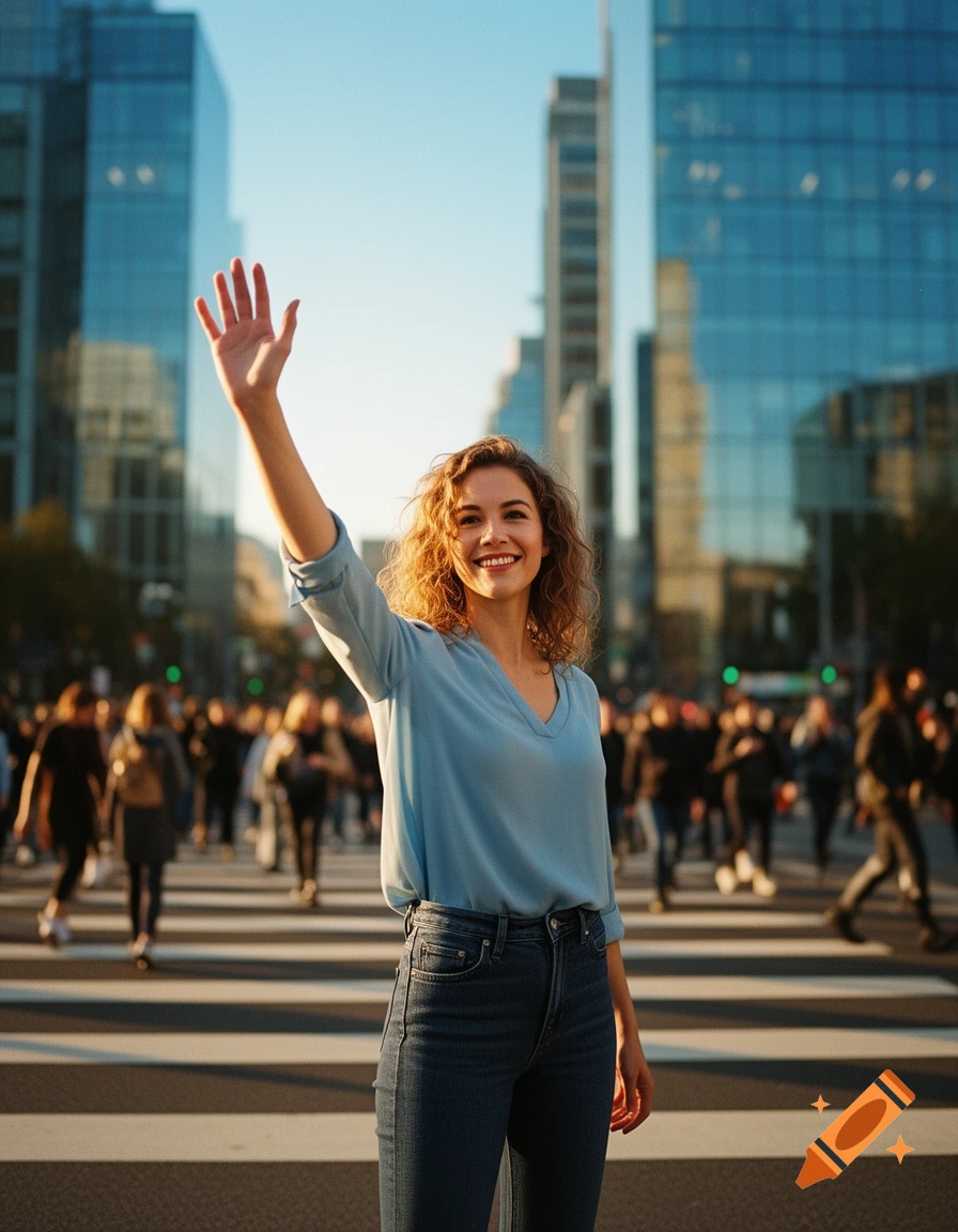 A smiling young woman with curly hair waves while standing on a city crosswalk with blurred people and modern buildings in the background.