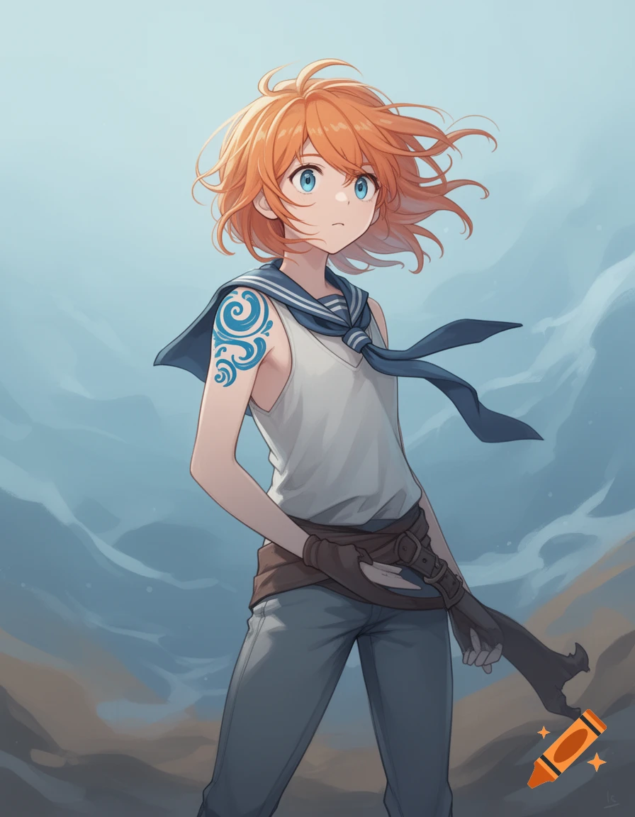 Anime-style young woman with short orange hair and blue eyes, wearing a white tank top, sailor collar, and blue tattoo, holding a stylized weapon.