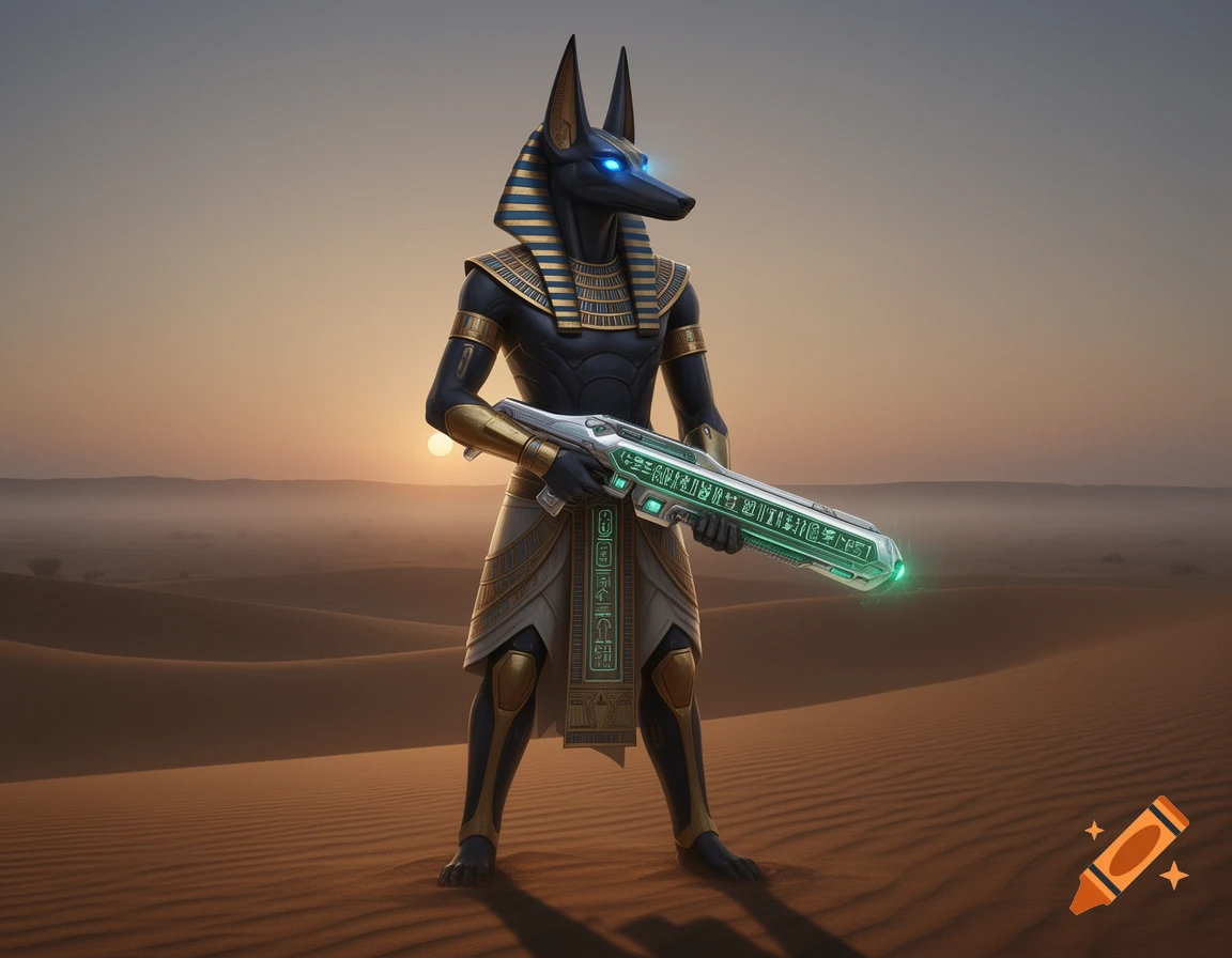 Anubis, a jackal-headed figure in ancient Egyptian attire, stands in a desert at sunset, holding a glowing futuristic rifle.