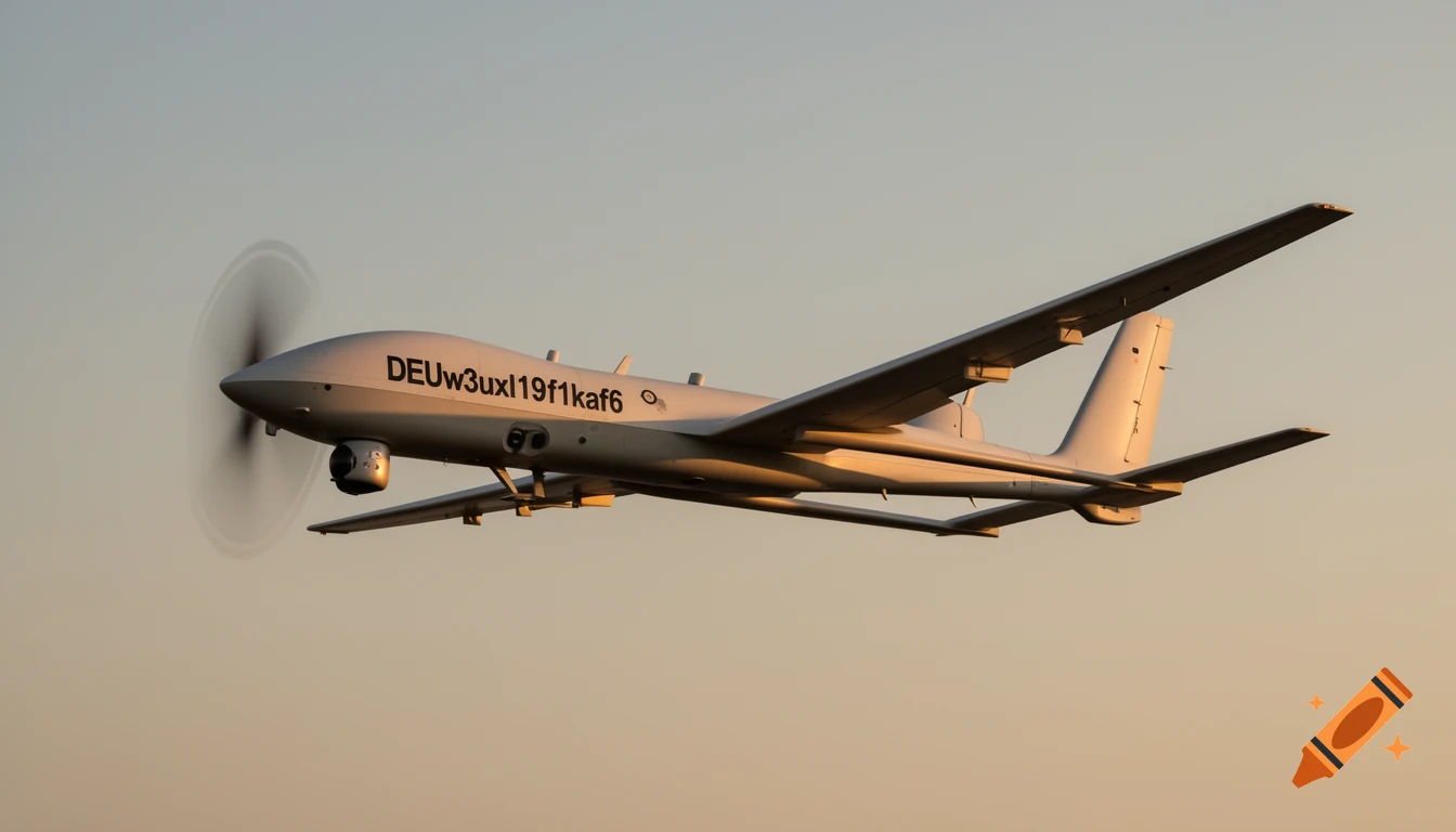 A photorealistic image of a white drone with a spinning propeller flying against a clear sky during sunset.
