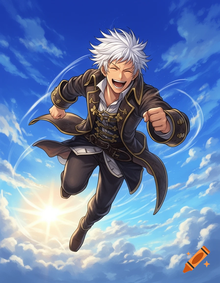 A smiling anime male character with white spiky hair, dressed as a pirate, runs through a bright blue sky with clouds.