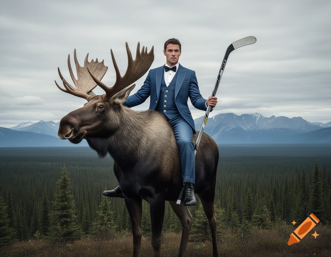 A man in a blue denim tuxedo rides a moose, holding a hockey stick, set against a mountainous forest landscape.