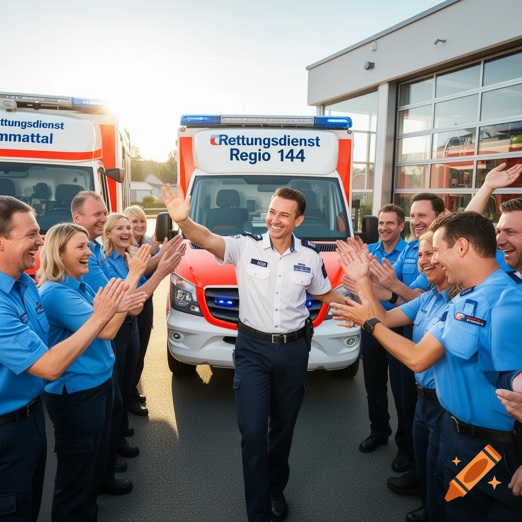 Smiling medical staff in blue uniforms clapping for a man waving goodbye in front of two ambulances with emergency lights on.