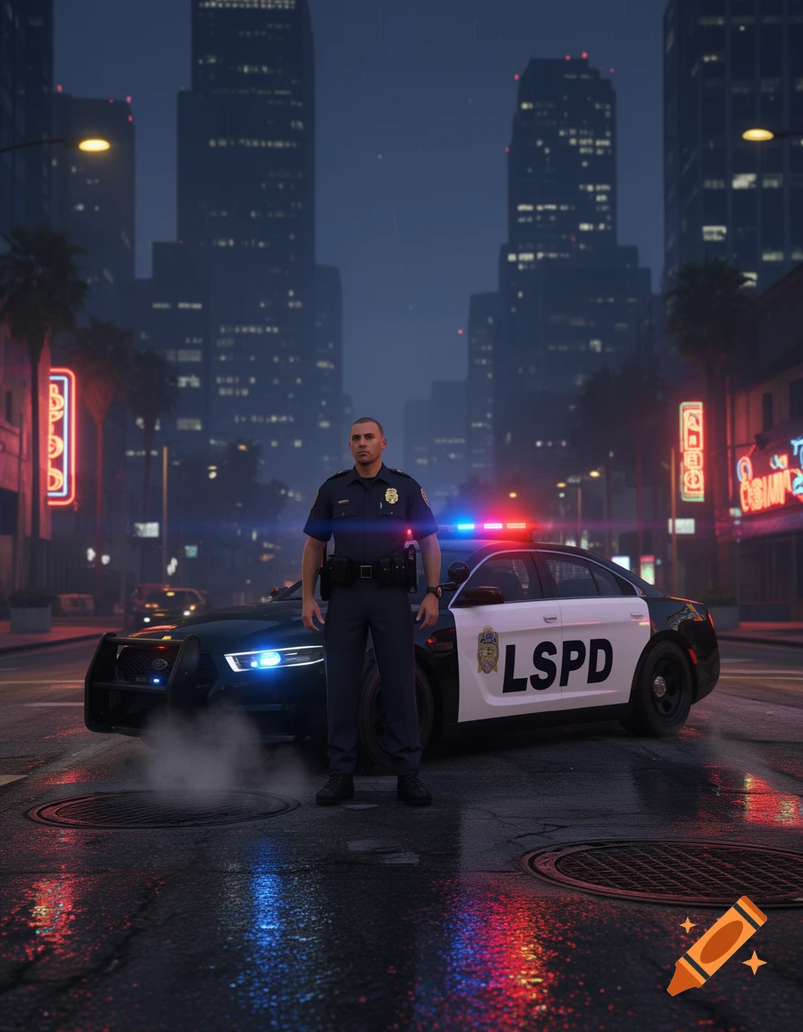 A police officer stands in front of a police car with flashing lights on a wet city street at night, reflecting neon signs and city lights.