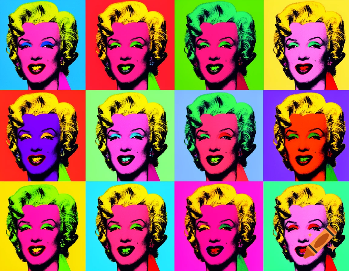 Twelve pop art style portraits of Marilyn Monroe, each with different vibrant colors for her face, hair, and background.