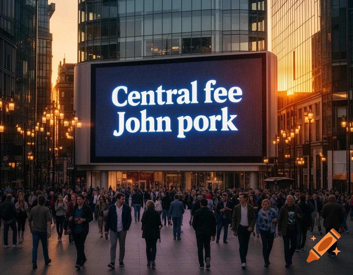A photorealistic image of a large crowd walking on a city street at sunset, with a prominent digital billboard displaying "Central fee John pork" on a building.