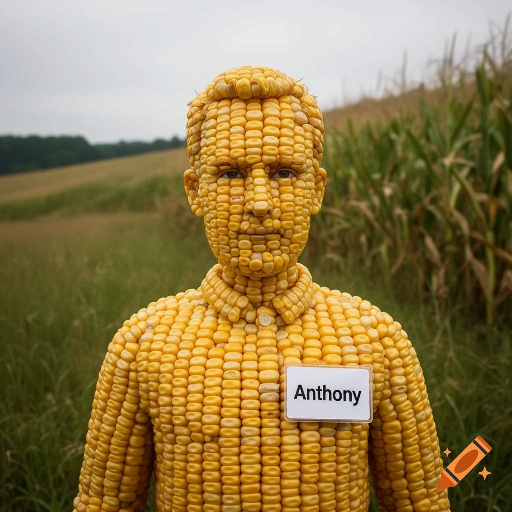 A man with a body made entirely of corn kernels, wearing a corn shirt and a name tag that says 'Anthony', stands in a cornfield.