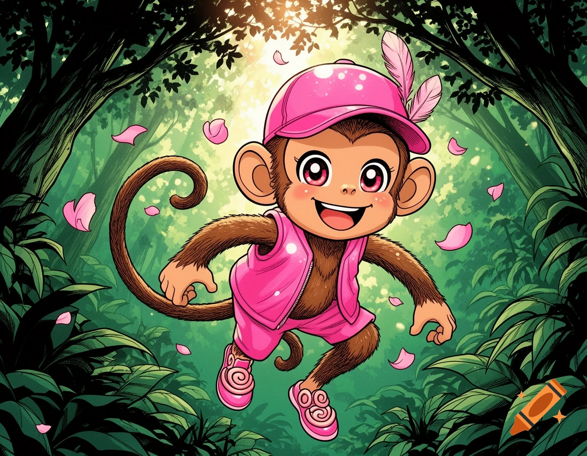 A cheerful manga-style monkey wearing a pink outfit, cap, and shoes, leaps in a jungle with falling pink petals.