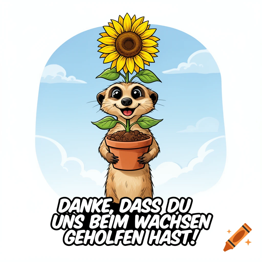 Happy cartoon meerkat holding a potted sunflower under a blue sky, with German text 'Danke, dass du uns beim Wachsen geholfen hast!'