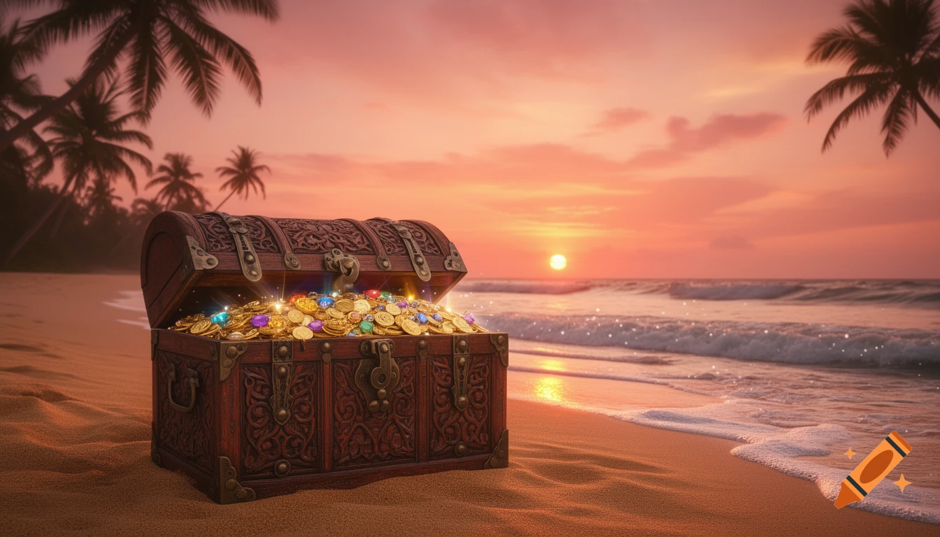 A wooden treasure chest overflows with gold coins and jewels on a sandy beach at sunset, with palm trees and ocean waves.