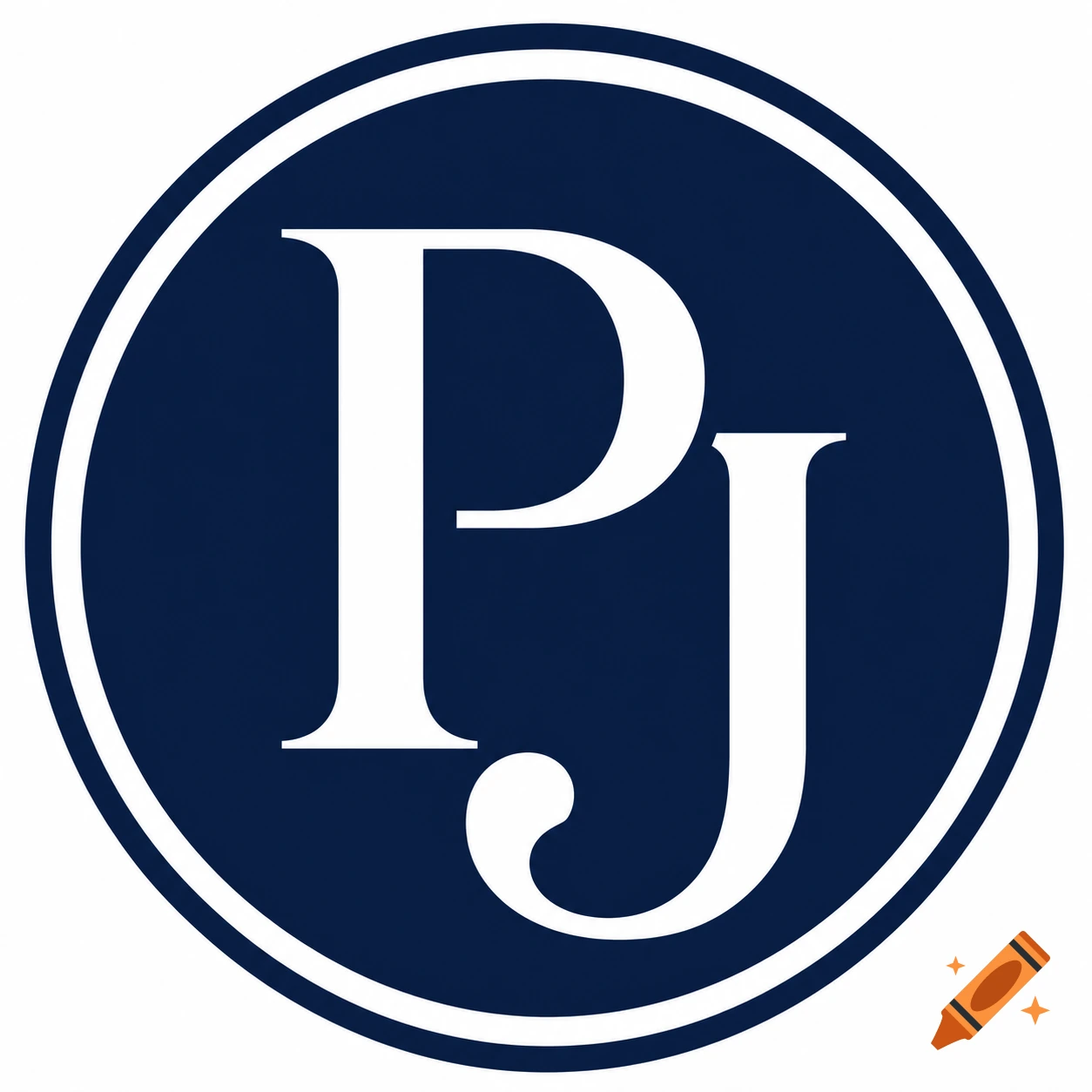 White serif letters 'P' and 'J' intertwined in a dark blue circle with a thin white border.