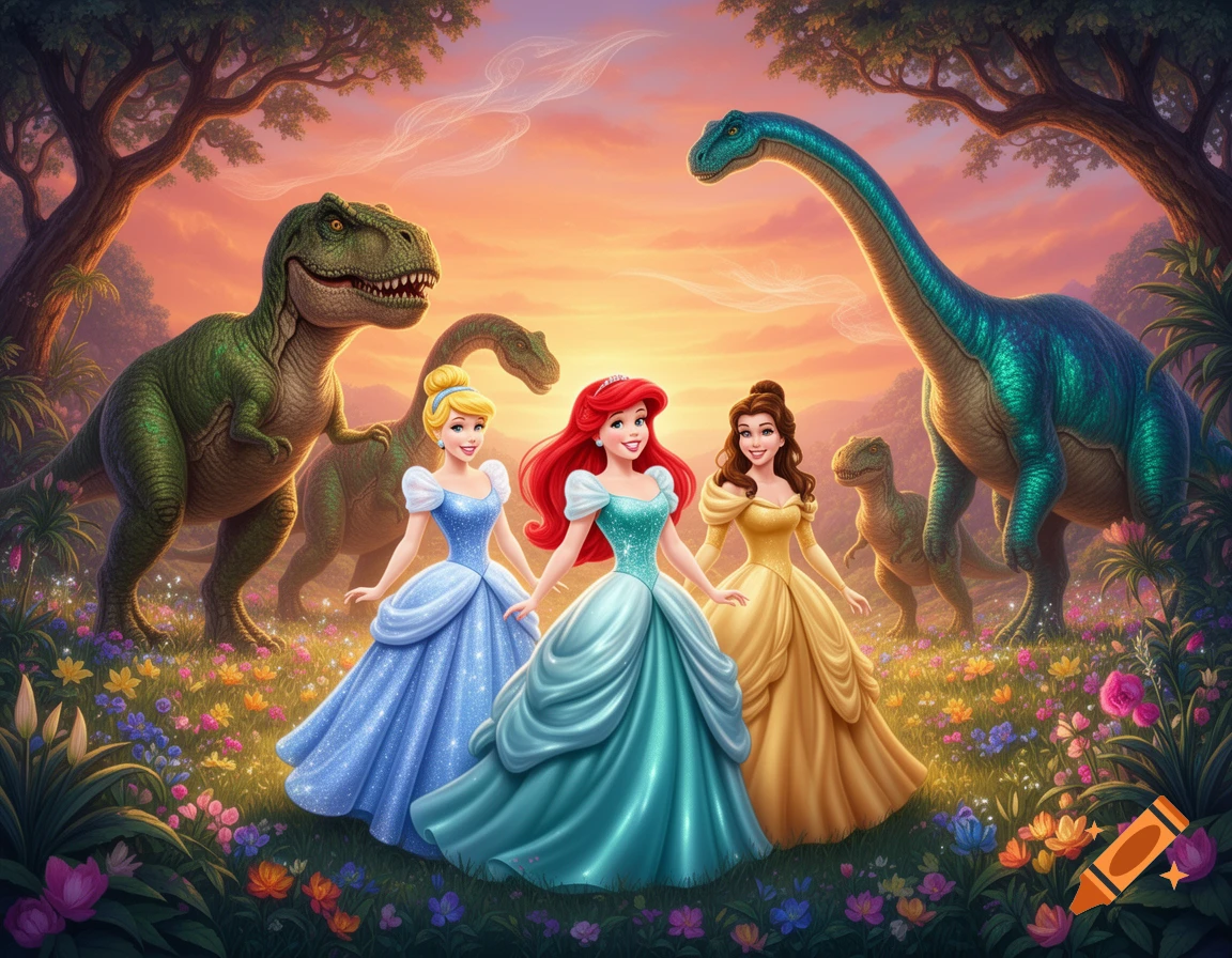 Cinderella, Ariel, and Belle stand among dinosaurs in a vibrant fantasy landscape under a sunset sky.