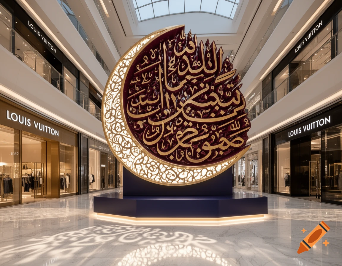 Photorealistic image of a large crescent moon sculpture with intricate Arabic calligraphy, lit from below, inside a modern luxury mall atrium with Louis Vuitton stores.