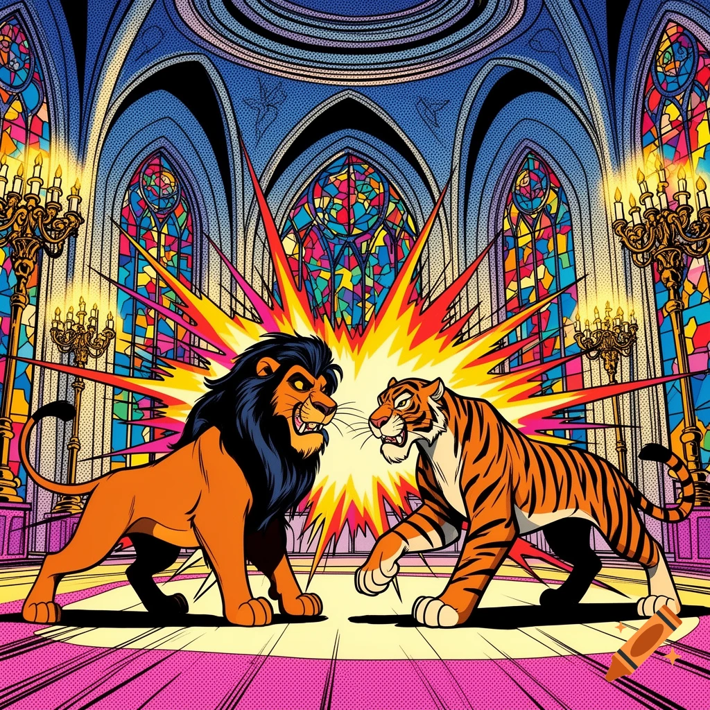 Disney's Scar and Shere Khan in a dramatic pop art confrontation within a stained-glass castle.