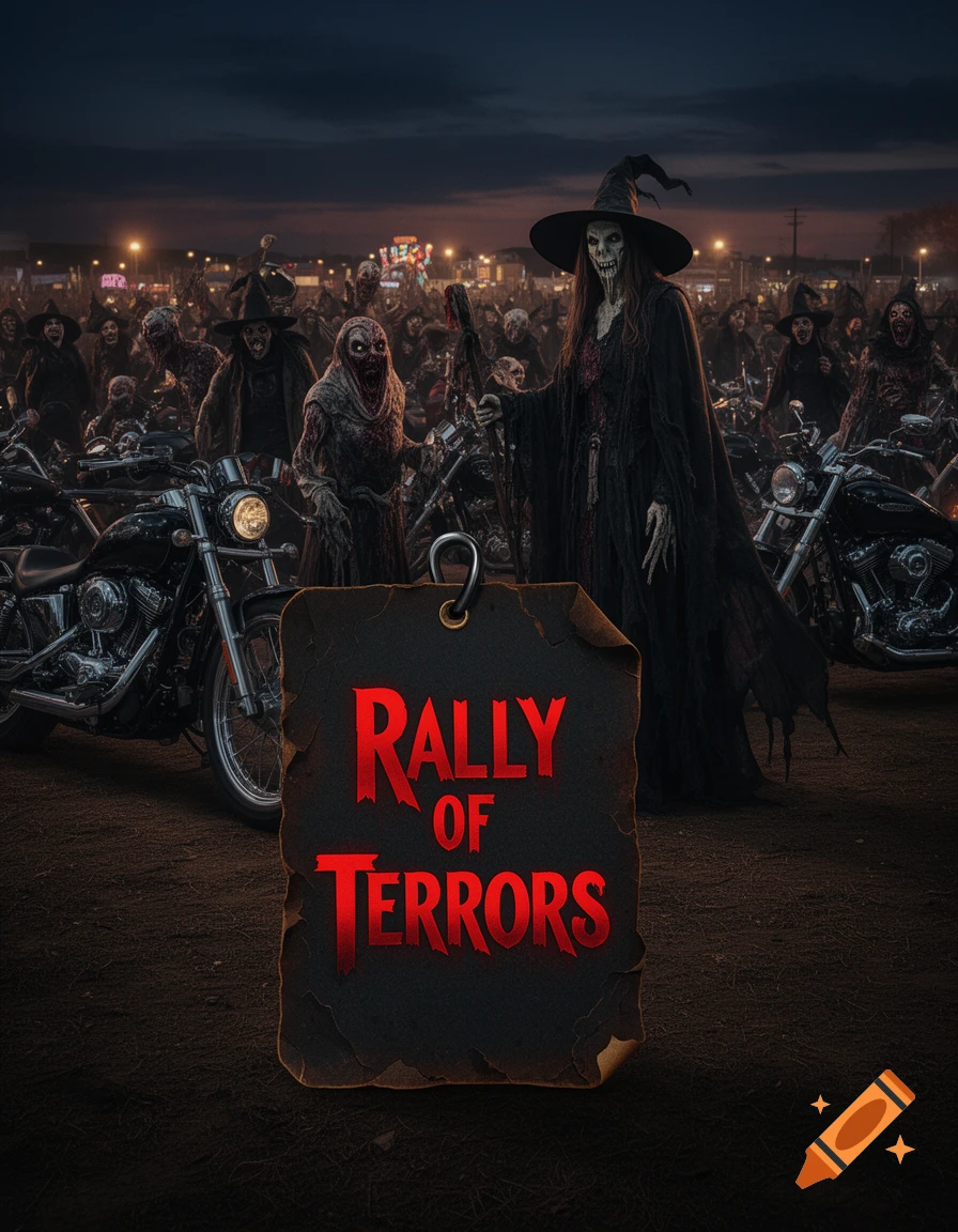 Skeletal witches and zombie-like figures on motorcycles at night, with a prominent tag in the foreground that reads "RALLY OF TERRORS" in red text.