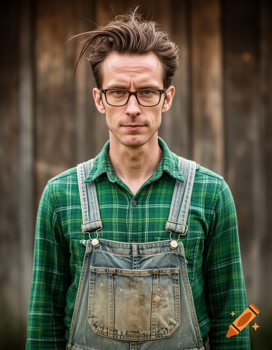 A man with messy brown hair and glasses, wearing a green plaid shirt and worn denim overalls, stands in front of a wooden background.