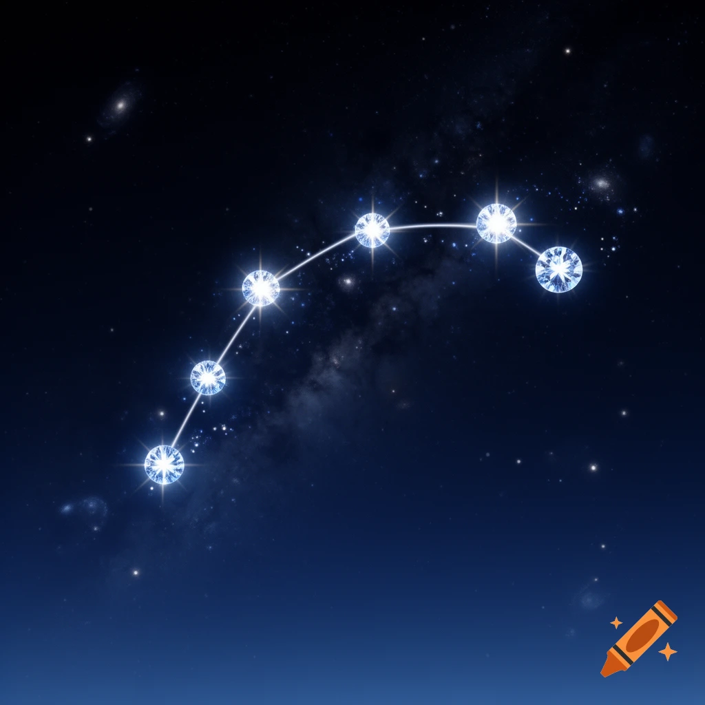 A stylized Big Dipper constellation in space, with glowing diamonds forming the stars against a dark blue gradient and distant galaxies.