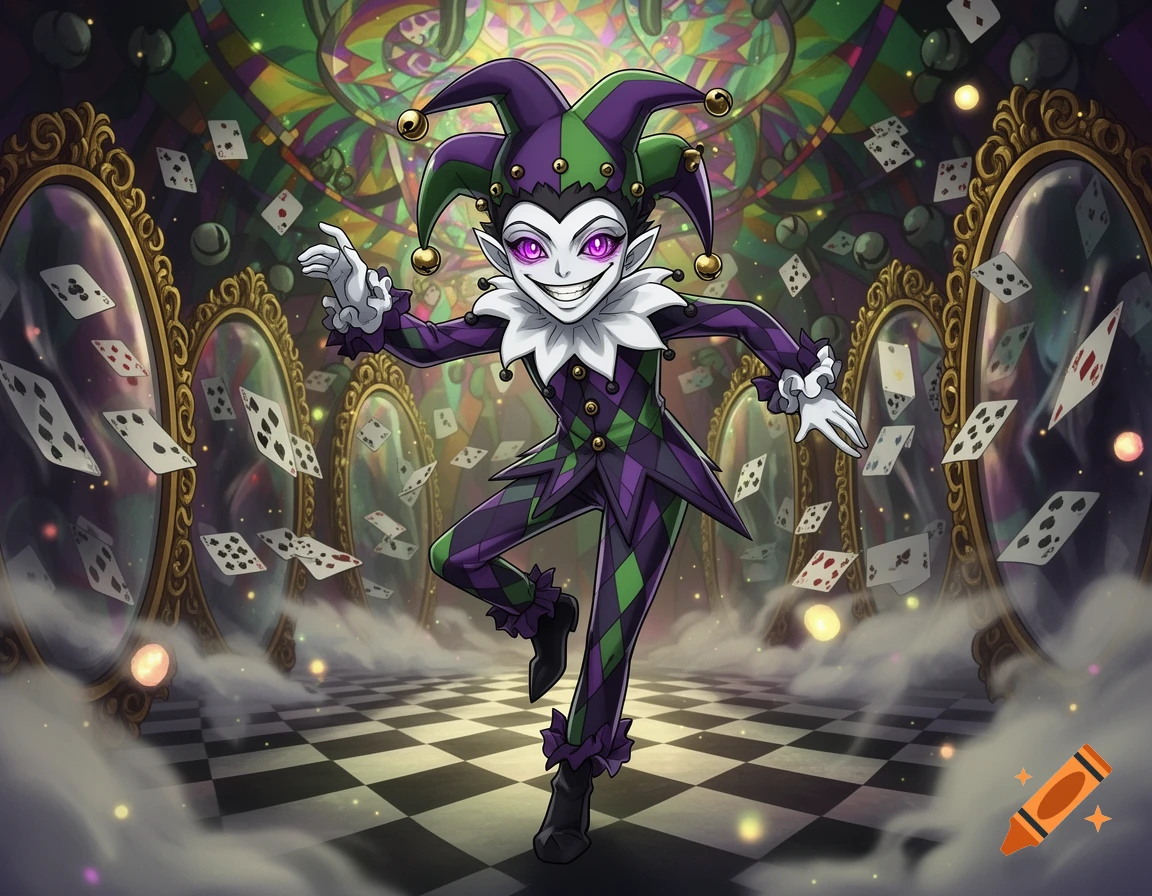 Anime jester in a purple and green outfit with glowing purple eyes, posing dynamically in a surreal room with floating playing cards and mirrors.