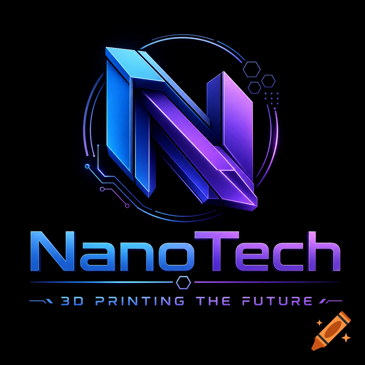 Futuristic blue and purple NanoTech logo with a stylized 'N' and the motto '3D Printing The Future' on a black background.