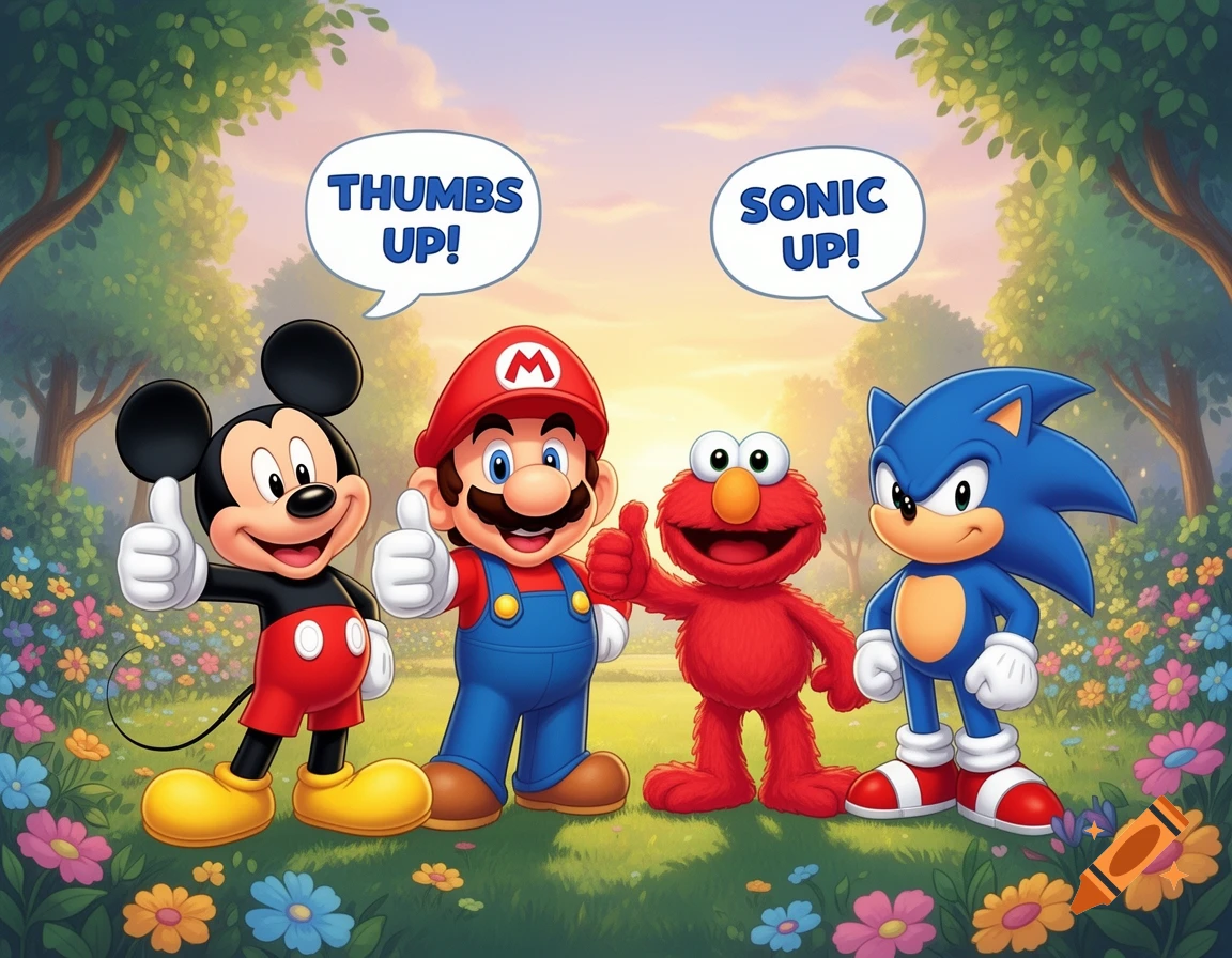 Mickey Mouse, Super Mario, Elmo, and Sonic the Hedgehog giving thumbs up in a sunny, vibrant park surrounded by flowers.