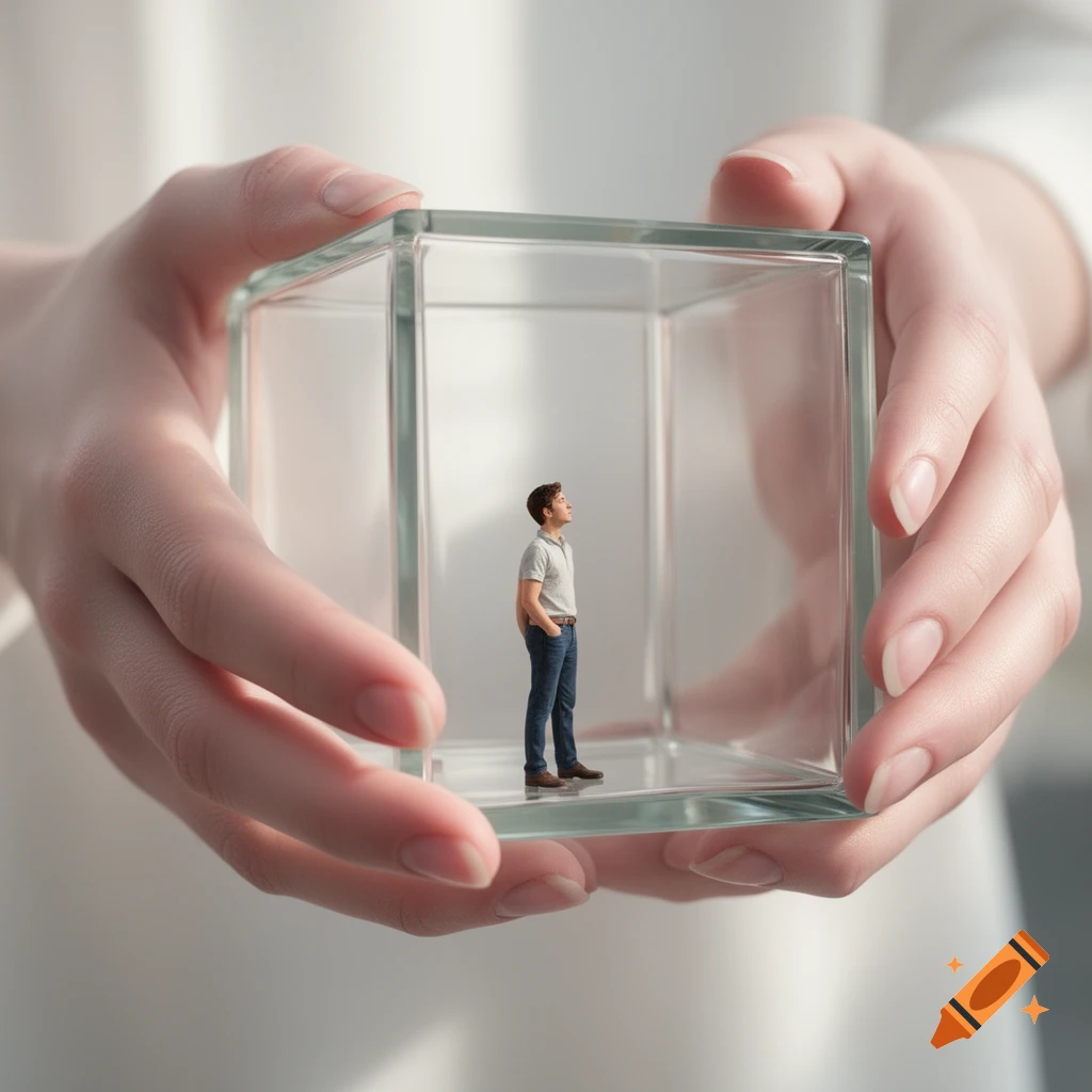 A tiny man stands inside a clear glass cube, held by large, human hands in a photorealistic style.