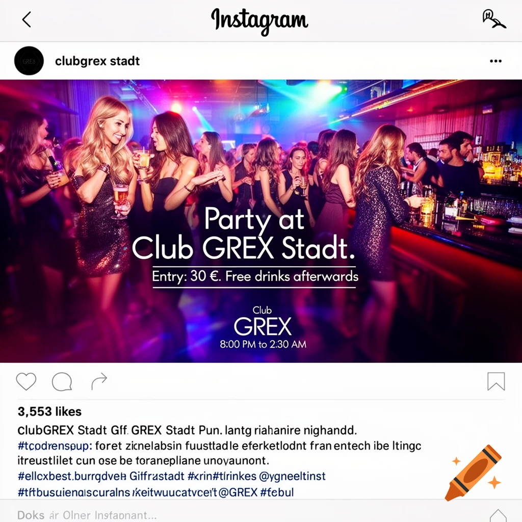 An Instagram post advertising a party at Club GREX Stadt, showing a lively club scene with people holding drinks under colorful lights.