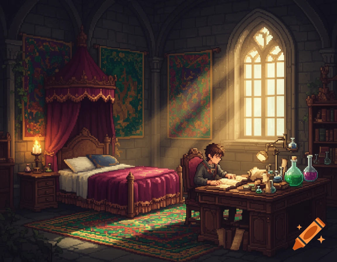 A young man studies at a desk filled with books and alchemy flasks in a cozy pixel-art fantasy castle bedroom, sunlight streaming through a window.