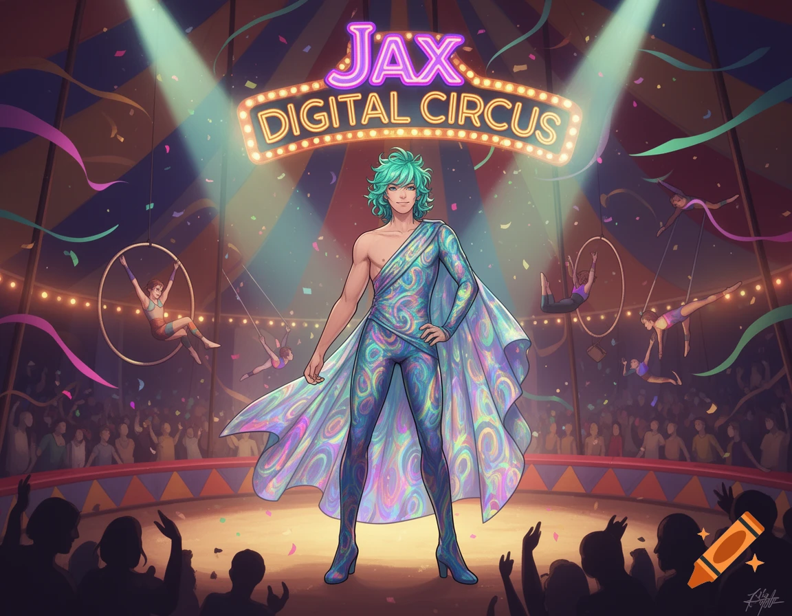 An anime-style character in a vibrant, patterned bodysuit and cape stands under a spotlight in a circus, with acrobats in the background and a neon "JAX DIGITAL CIRCUS" sign above.